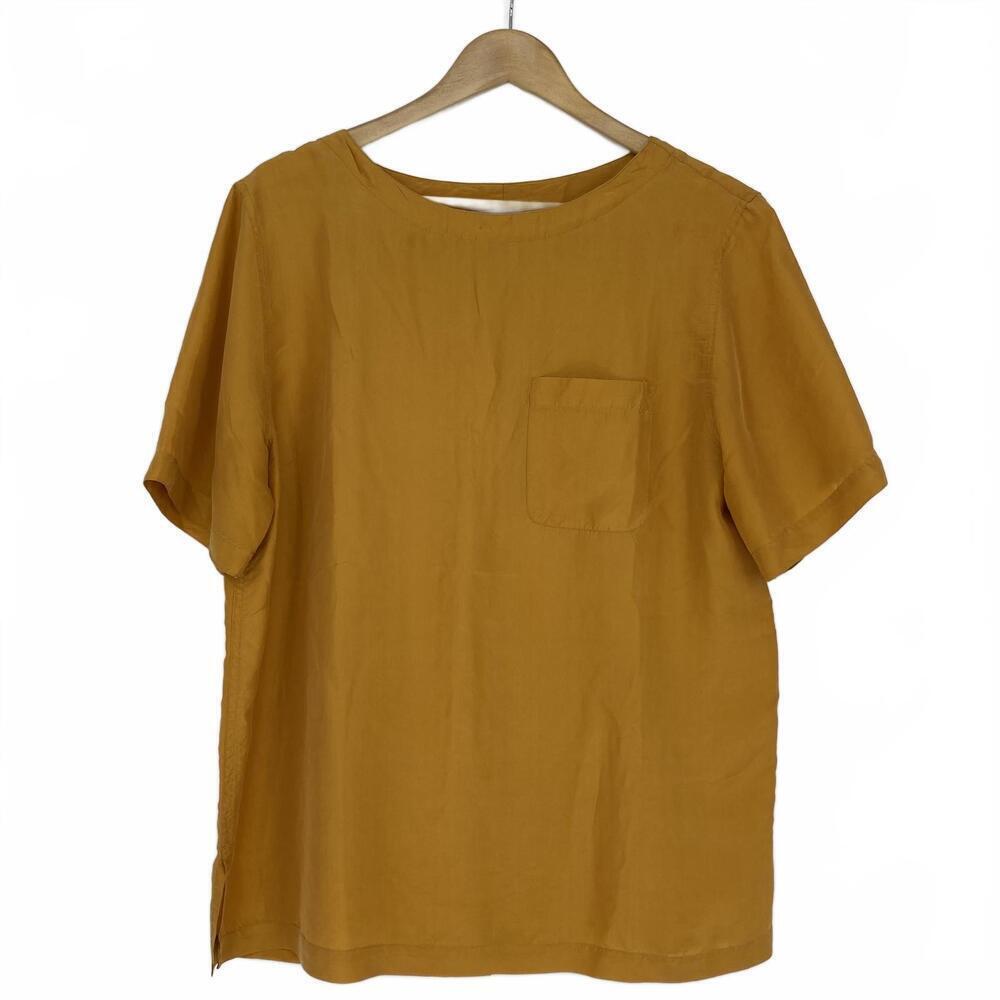 Stylish Mustard Yellow 100% Silk Short Sleeve Top by Jacqueline Ferrar Sz large